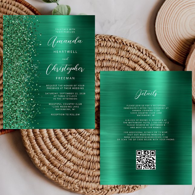 Papier Faire-part de mariage de code QR vert Glam Budget (Créateur téléchargé)