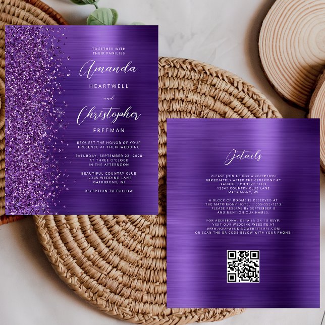 Papier Faire-part de mariage de code QR violet de Glam Bu (Créateur téléchargé)