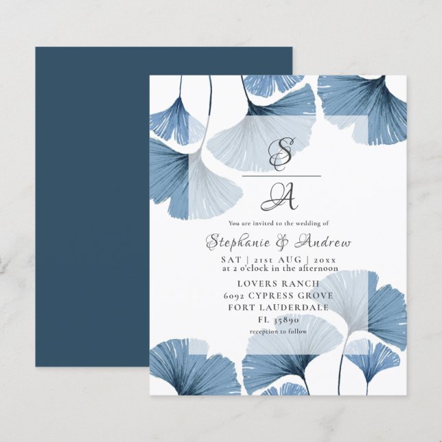 Papier Faire-part de mariage de feuillage bleu aquarelle  (Devant / Derrière)