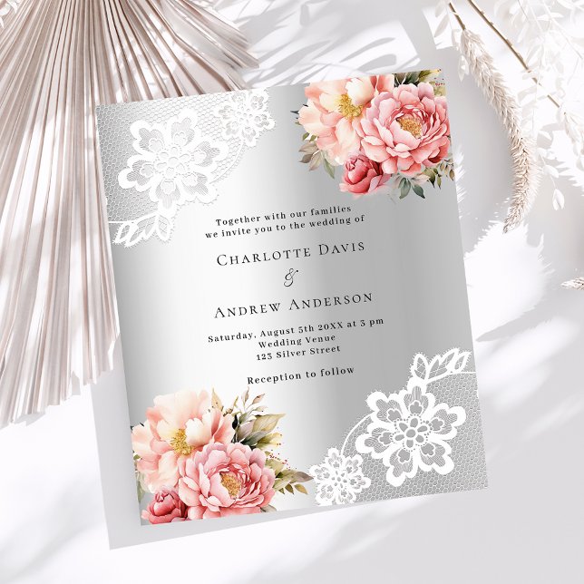 Papier Faire-part de mariage de fleurs roses argentées (Créateur téléchargé)