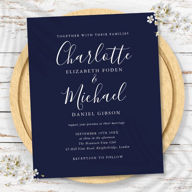 Papier Faire-part de mariage de script bleu marine (Budget Navy Blue Script Wedding Invitation)