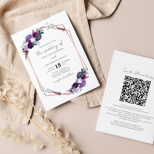 Papier Faire-part de mariage de script de code QR floral  (Purple Floral Wedding All in One QR Code Invitation)