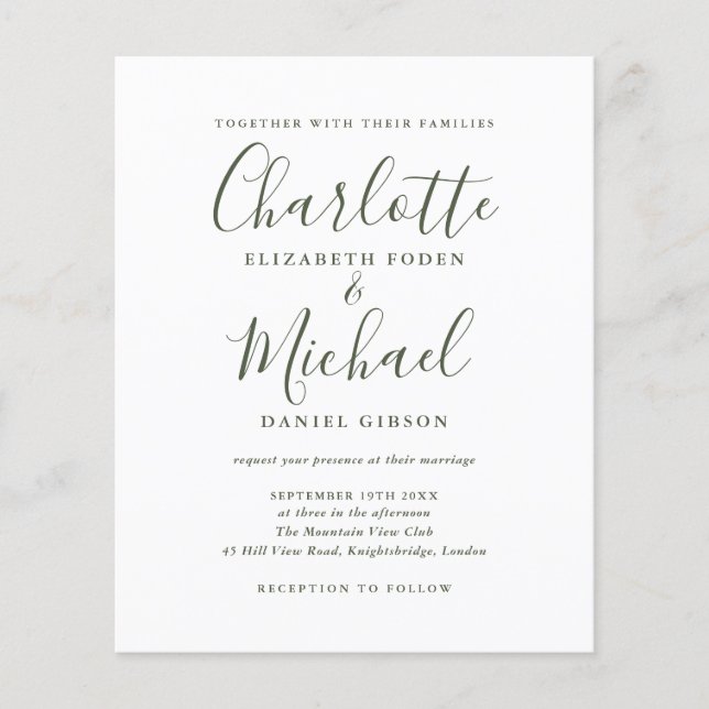 Papier Faire-part de mariage de script d'olive simple bud (Devant)
