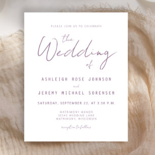 Papier Faire-part de mariage de script Mauve minimum budg