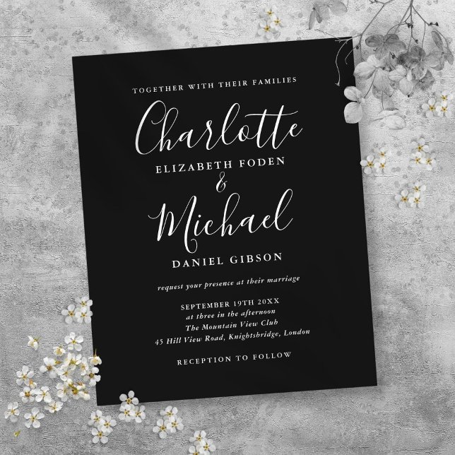 Papier Faire-part de mariage de script noir (Budget Black White Script Wedding Invitation)