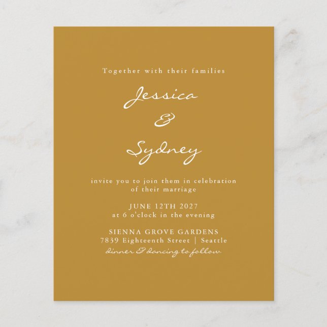 Papier Faire-part de mariage de script ocre moderne Budge (Devant)