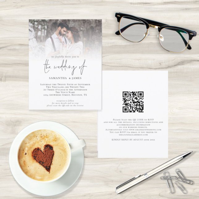 Papier Faire-part de mariage de script photo de code QR d (Front and back view. Smaller size budget price alternative.)