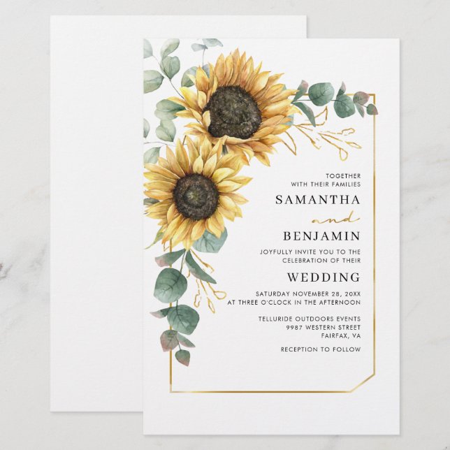 Papier Faire-part de mariage de tournesol vert Eucalyptus (Devant / Derrière)