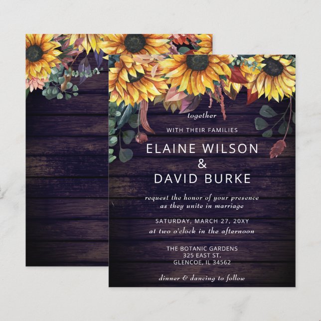 Papier Faire-part de mariage de tournesols en bois violet (Devant / Derrière)