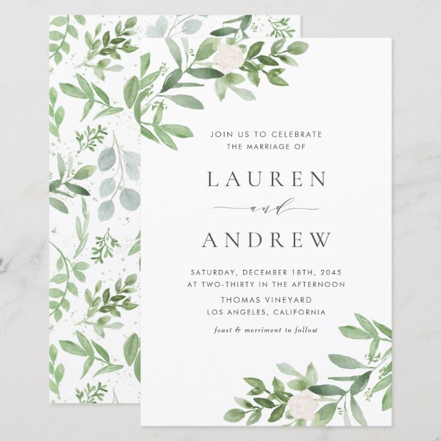 Papier Faire-part de mariage de verdure et de fleurs blan (Devant / Derrière)