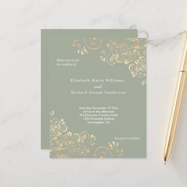 Papier Faire-part de mariage des tourbillons d'or de l'éc (Devant/Arrière en situation)