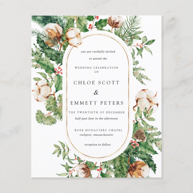 Papier Faire-part de mariage d'hiver Budget Holly Pine (Devant)