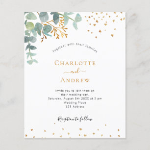 Papier Faire-part de mariage d'or à l'eucalyptus budget