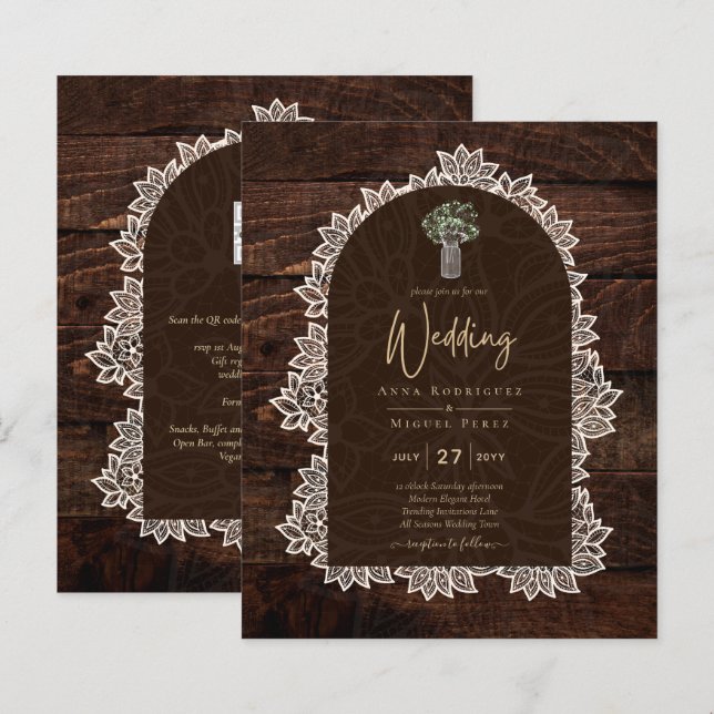Papier Faire-Part de Mariage en Bois Gypsophile Dentelle  (Devant / Derrière)