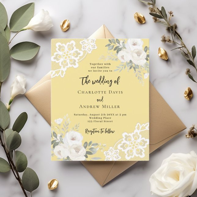 Papier Faire-part de mariage en dentelle blanche jaune cr (Créateur téléchargé)