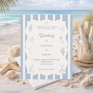 Papier Faire-part de mariage en ivoire bleu plage dessiné
