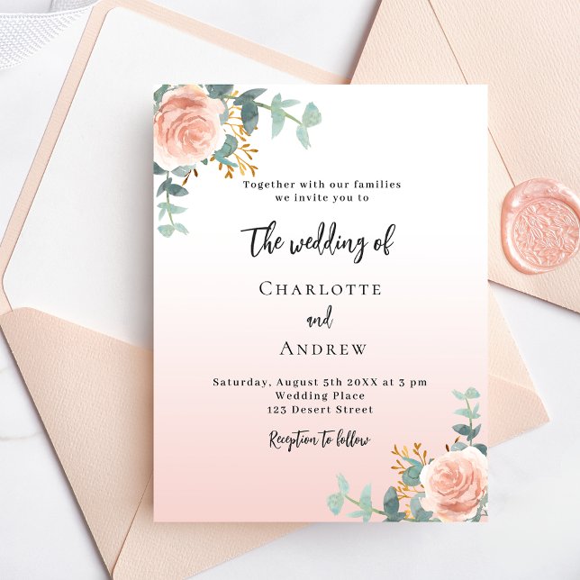 Papier faire-part de mariage fleuri rose à petit budget (Créateur téléchargé)