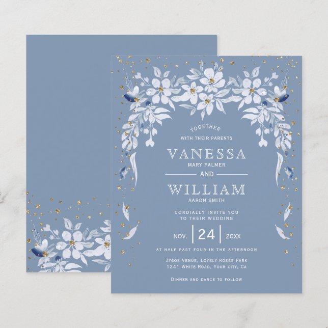 Papier FAIRE-PART DE MARIAGE floral bleu poussiéreux BUDG (Devant / Derrière)