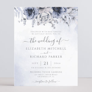 Papier Faire-part de mariage floral bleu poussiéreux Navy