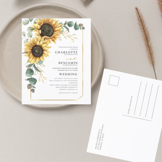 Papier Faire-part de mariage floral de tournesol Eucalypt (Floral Sunflower Eucalyptus Watercolor Wedding Invitation Postcard)