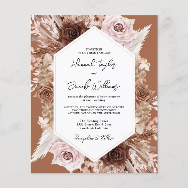 Papier Faire-part de mariage floral en terre cuite Boho à (Devant)