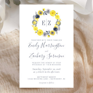 Papier Faire-part de mariage floral gris jaune monogramme