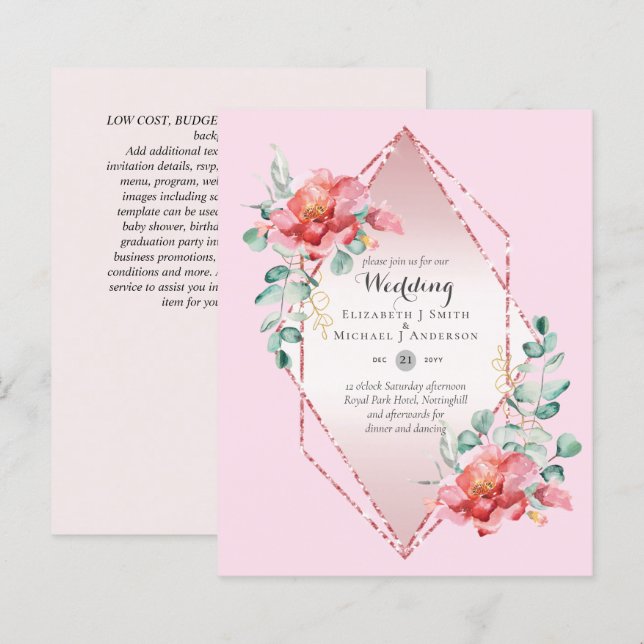 Papier Faire-part de mariage Floral Rose rouge à faible b (Devant / Derrière)