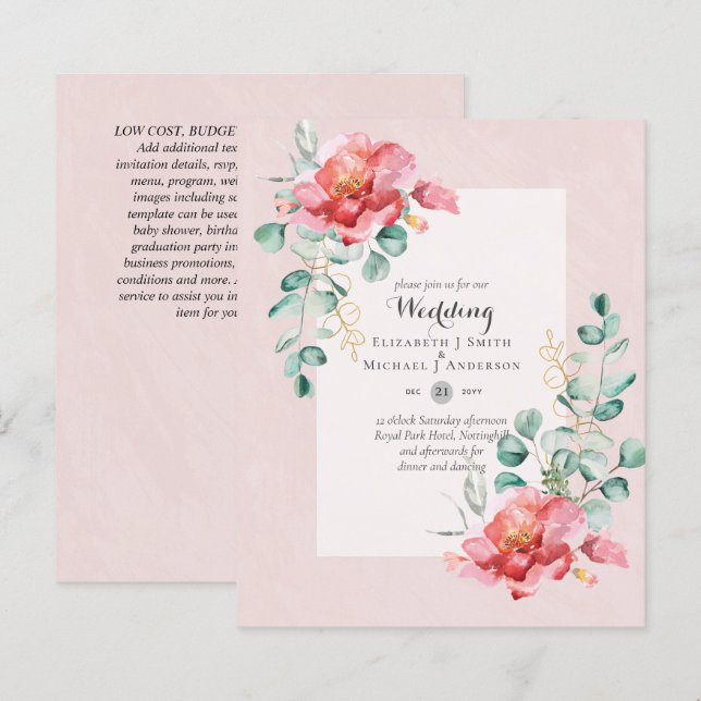 Papier Faire-part de mariage Floral Rose rouge à faible b (Devant / Derrière)