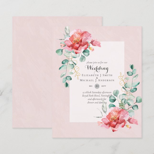 Papier Faire-part de mariage Floral rouge à faible budget (Devant / Derrière)
