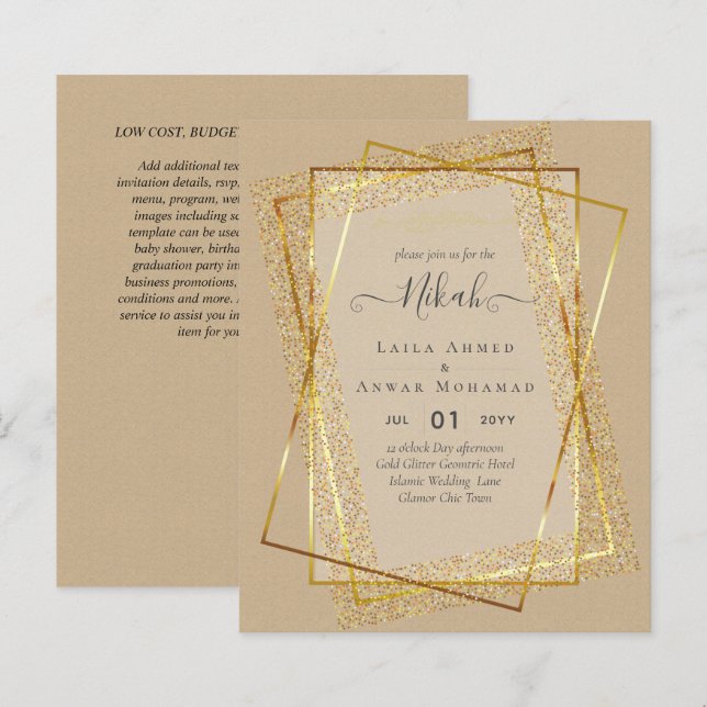 Papier Faire-part de mariage islamique NIKAH Cadre doré B (Devant / Derrière)