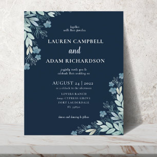 Papier Faire-part de mariage moderne bleu à motif feuillu