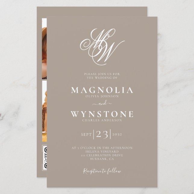 Papier Faire-part de mariage Monogramme budgétaire | Taup (Devant / Derrière)