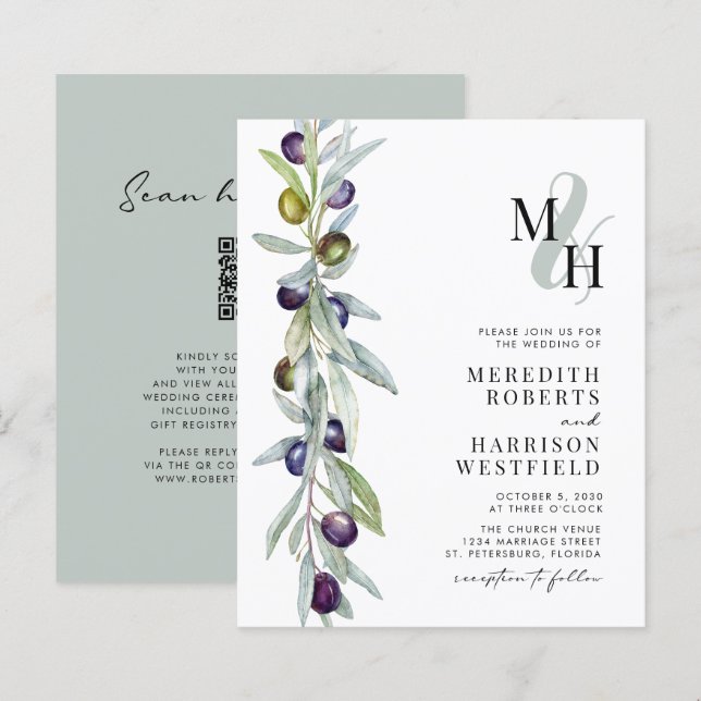 Papier Faire-part de mariage Monogramme de la branche d'o (Devant / Derrière)