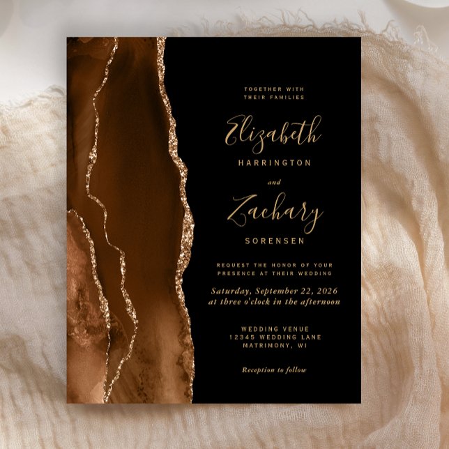 Papier Faire-part de mariage noir agate marron mocha or b (Créateur téléchargé)