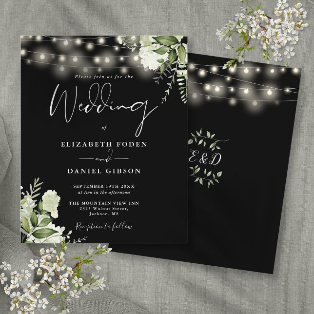 Papier Faire-part de mariage noir avec guirlandes florale (Budget Floral Lights Black Wedding Invitation)