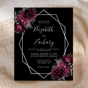 Papier Faire-part de mariage noir floral bordeaux cadre a