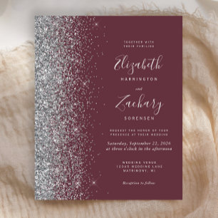 Papier Faire-part de mariage pailleté argent bordeaux fon