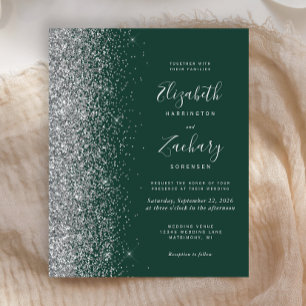 Papier Faire-Part de Mariage Pailleté Argent Vert Émeraud