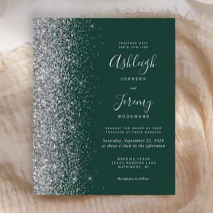 Papier Faire-part de mariage pailleté argent vert émeraud