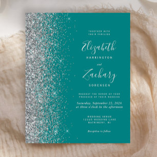 Papier Faire-part de mariage pailleté bleu sarcelle argen