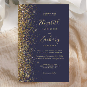 Papier Faire-part de mariage pailleté or bleu foncé sur b