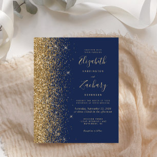 Papier Faire-part de mariage pailleté or bleu marine pas