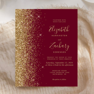Papier Faire-part de mariage pailleté or rouge Bourgogne