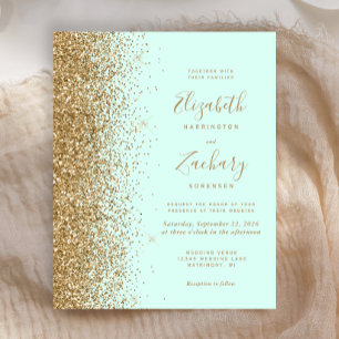 Papier Faire-part de mariage pailleté or vert menthe pas 