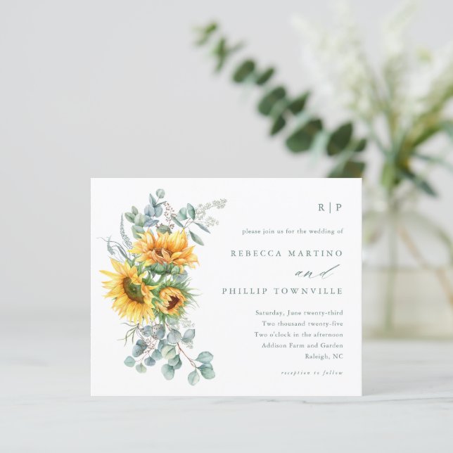 Papier Faire-part de mariage pas cher tournesol eucalyptu (Debout devant)