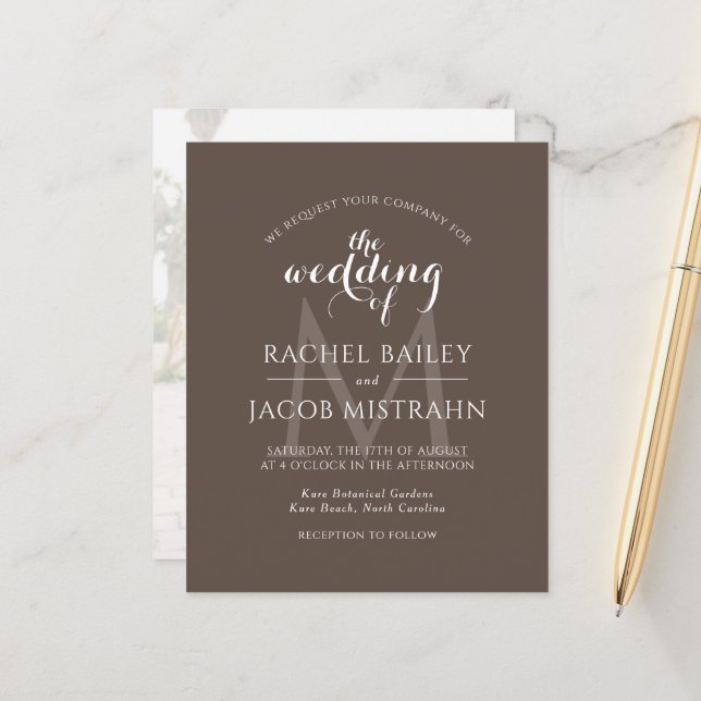 Papier Faire-part de mariage photo Brown Monogramme simpl (Devant/Arrière en situation)