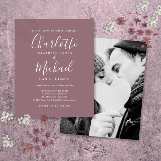 Papier Faire-part de mariage photo du script de maquette  (Budget Mauve Script Photo Wedding Invitation)