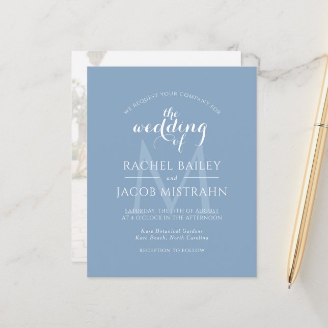 Papier Faire-part de mariage photo Dusty Blue Monogram (Devant/Arrière en situation)