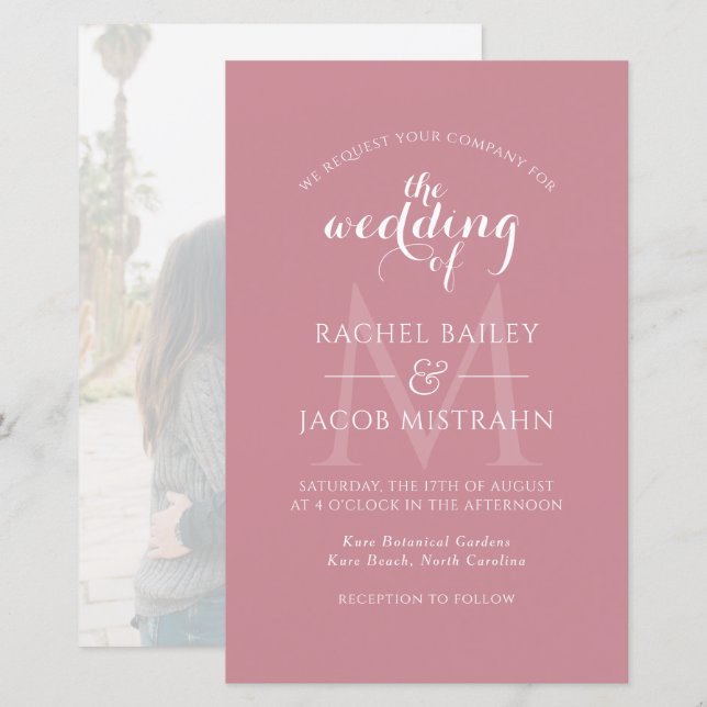 Papier Faire-part de mariage photo Dusty Rose Monogram (Devant / Derrière)