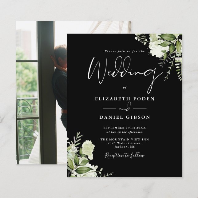 Papier Faire-part de mariage photo florale noir budget (Devant / Derrière)